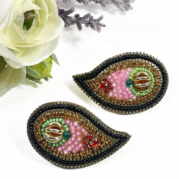 VINTAGE M & J HANSEN DESIGN Pink Green Beaded Clip-On Earrings Signed - Picture 1 of 8